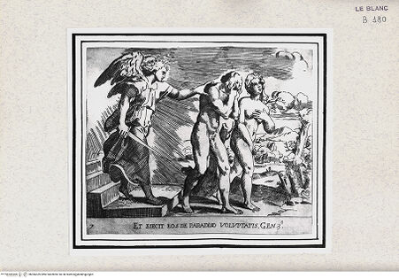 Vorderseite von Istituto Nazionale per la Grafica [http://creativecommons.org/publicdomain/mark/1.0/] "Historia del Testamento Vecchio dipinta in Roma nel Vaticano da Raffaello di Urbino"... 1613Die Vertreibung aus dem Paradies - , bh366539. Foto.