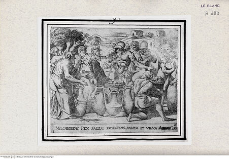 Vorderseite von Istituto Nazionale per la Grafica [http://creativecommons.org/publicdomain/mark/1.0/] "Historia del Testamento Vecchio dipinta in Roma nel Vaticano da Raffaello di Urbino"... 1613Abraham und Melchisedech - , bh366545. Foto.