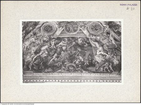 Vorderseite von Bibliotheca Hertziana [https://www.deutsche-digitale-bibliothek.de/content/lizenzen/rv-fz/] Allegorie der Göttlichen VorhersehungHerkules besiegt die Harpyien, während Abundantia und Magnaminitas Gaben an das Volk verteilen - Gesamtansicht, bh366961_recto. Foto.