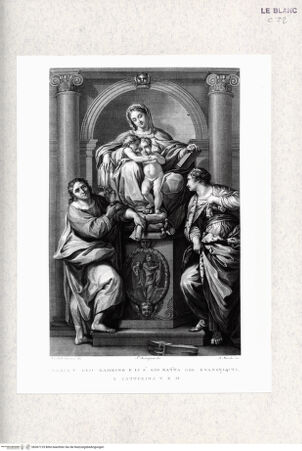 Vorderseite von  [http://creativecommons.org/publicdomain/mark/1.0/] Maria mit Kind und Heiligen (auch Taf. [38] aus F.Rosaspina, Lan Pinacoteca... Bo. 1830) - , bh367125. Foto.