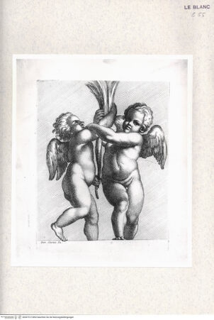 Vorderseite von  [http://creativecommons.org/publicdomain/mark/1.0/] "Gallérie que l'eccélent Annibal Carrache a peinte a Rome dans le Palais de Farnese"; Nachstiche nach Carlo Cesios Stichserie nach den Fresken Annibale Carraccis in der Galerie des Palazzo Farnese, RomErotenpaar mit Palme - , bh367312. Foto.