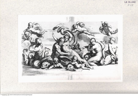 Vorderseite von  [http://creativecommons.org/publicdomain/mark/1.0/] "Gallérie que l'eccélent Annibal Carrache a peinte a Rome dans le Palais de Farnese"; Nachstiche nach Carlo Cesios Stichserie nach den Fresken Annibale Carraccis in der Galerie des Palazzo Farnese, RomPeleus und Thetis - , bh367314. Foto.