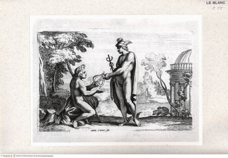 Vorderseite von  [http://creativecommons.org/publicdomain/mark/1.0/] "Gallérie que l'eccélent Annibal Carrache a peinte a Rome dans le Palais de Farnese"; Nachstiche nach Carlo Cesios Stichserie nach den Fresken Annibale Carraccis in der Galerie des Palazzo Farnese, RomApoll und Merkur - , bh367319. Foto.