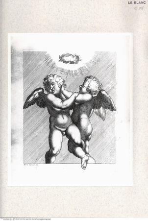 Vorderseite von  [http://creativecommons.org/publicdomain/mark/1.0/] "Gallérie que l'eccélent Annibal Carrache a peinte a Rome dans le Palais de Farnese"; Nachstiche nach Carlo Cesios Stichserie nach den Fresken Annibale Carraccis in der Galerie des Palazzo Farnese, RomErotenpaar mit Blumenkranz - , bh367320. Foto.