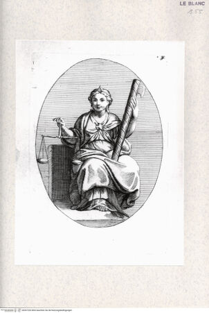 Vorderseite von  [http://creativecommons.org/publicdomain/mark/1.0/] "Gallérie que l'eccélent Annibal Carrache a peinte a Rome dans le Palais de Farnese"; Nachstiche nach Carlo Cesios Stichserie nach den Fresken Annibale Carraccis in der Galerie des Palazzo Farnese, RomAllegorische Figur: die Gerechtigkeit - , bh367326. Foto.