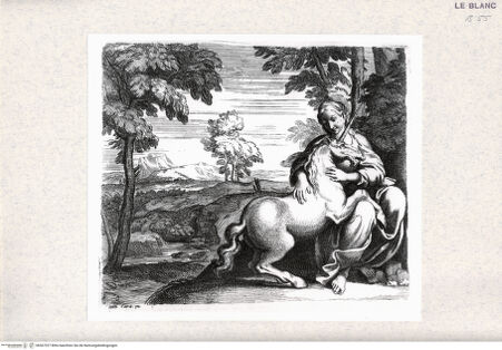 Vorderseite von  [http://creativecommons.org/publicdomain/mark/1.0/] "Gallérie que l'eccélent Annibal Carrache a peinte a Rome dans le Palais de Farnese"; Nachstiche nach Carlo Cesios Stichserie nach den Fresken Annibale Carraccis in der Galerie des Palazzo Farnese, RomDie Jungfrau mit dem Einhorn - , bh367327. Foto.