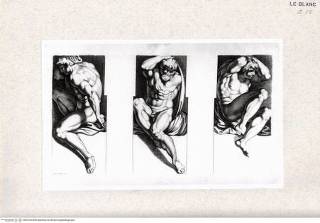 Vorderseite von  [http://creativecommons.org/publicdomain/mark/1.0/] "Gallérie que l'eccélent Annibal Carrache a peinte a Rome dans le Palais de Farnese"; Nachstiche nach Carlo Cesios Stichserie nach den Fresken Annibale Carraccis in der Galerie des Palazzo Farnese, RomAktfiguren der Südwand - , bh367328. Foto.