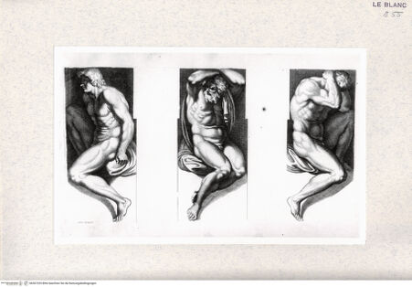 Vorderseite von  [http://creativecommons.org/publicdomain/mark/1.0/] "Gallérie que l'eccélent Annibal Carrache a peinte a Rome dans le Palais de Farnese"; Nachstiche nach Carlo Cesios Stichserie nach den Fresken Annibale Carraccis in der Galerie des Palazzo Farnese, RomAktfiguren der Nordwand - , bh367329. Foto.