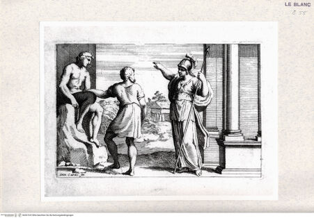 Vorderseite von  [http://creativecommons.org/publicdomain/mark/1.0/] "Gallérie que l'eccélent Annibal Carrache a peinte a Rome dans le Palais de Farnese"; Nachstiche nach Carlo Cesios Stichserie nach den Fresken Annibale Carraccis in der Galerie des Palazzo Farnese, RomMinerva und Prometheus - , bh367332. Foto.