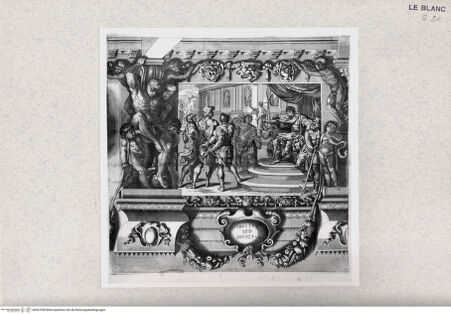 Vorderseite von  [http://creativecommons.org/publicdomain/mark/1.0/] "Storie di Romolo e Remo"Remus wird vor König Amulius geführt (Bl. 3) - , bh367398. Foto.