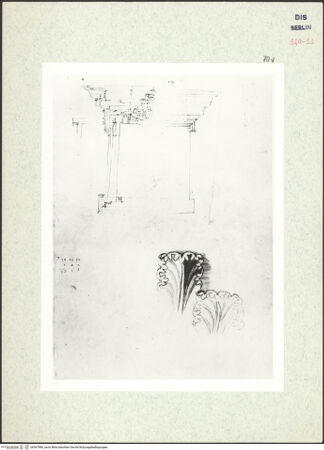 Vorderseite von Bibliotheca Hertziana [https://www.deutsche-digitale-bibliothek.de/content/lizenzen/rv-ez/] Codex Destailleur DTivoli: Vesta-Tempel: Aufmaßskizze des Fensterrahmens und Skizze zweier Akanthusblätter - , bh367990_recto. Foto.