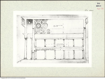 Vorderseite von Bibliotheca Hertziana [https://www.deutsche-digitale-bibliothek.de/content/lizenzen/rv-ez/] Codex Destailleur DS. Urbano della Caffarella: Schnitt durch den Tempel und Aufriss der Längswand, Grundriss des Tempels - Oberes Teilblatt: Schnitt durch den Tempel, Aufriss der Längswand mit Details, bh367997_recto. Foto.