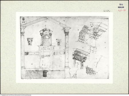 Vorderseite von Bibliotheca Hertziana [https://www.deutsche-digitale-bibliothek.de/content/lizenzen/rv-ez/] Codex Destailleur DS. Urbano della Caffarella: Rekonstruktion der Tempelfront, Fassade des Tempels und Details - Unteres Teilblatt: Fassade des Tempels, Schnitt des Untergeschosses, Profile einzelner Details, bh367998_recto. Foto.