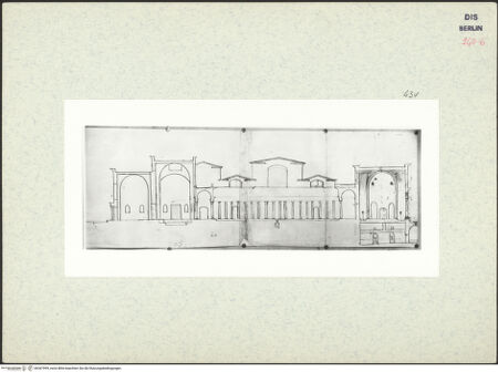 Vorderseite von Bibliotheca Hertziana [https://www.deutsche-digitale-bibliothek.de/content/lizenzen/rv-ez/] Codex Destailleur DDiocletians-Thermen: Schnitt durch mehrere Räume und den Porticushof mit unterschiedlichem Bodenniveau - Gesamtansicht, bh367999_recto. Foto.