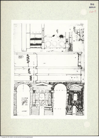 Vorderseite von Bibliotheca Hertziana [https://www.deutsche-digitale-bibliothek.de/content/lizenzen/rv-ez/] Codex Destailleur DPorta Maggiore und Eurysaces-Grab: Ansicht und Skizze des oberen Abschlussgesims - , bh368001_recto. Foto.