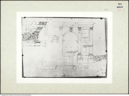 Vorderseite von Kunstbibliothek [https://www.deutsche-digitale-bibliothek.de/content/lizenzen/rv-ez/] Codex Destailleur DMarc-Aurel-Bogen: Gebälk mit Rankenfries, Skizzen zu Bogen, Attika und Kämpfergesims - , bh368003_recto. Foto.