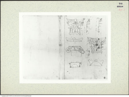 Vorderseite von Kunstbibliothek [https://www.deutsche-digitale-bibliothek.de/content/lizenzen/rv-ez/] Codex Destailleur DColosseum: Maßaufnahmen der Kapitelle von der Außenwand - , bh368010_recto. Foto.