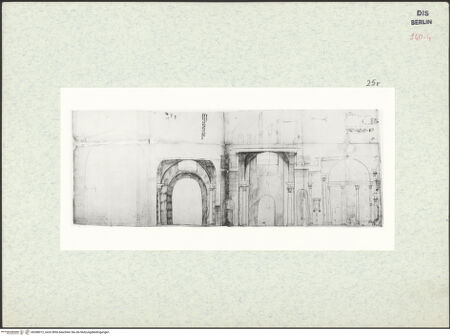 Vorderseite von Kunstbibliothek [https://www.deutsche-digitale-bibliothek.de/content/lizenzen/rv-ez/] Codex Destailleur DCaracalla-Thermen: Schnitt entlang der Mittelachse - , bh368012_recto. Foto.