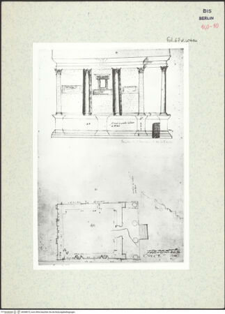 Vorderseite von Bibliotheca Hertziana [https://www.deutsche-digitale-bibliothek.de/content/lizenzen/rv-ez/] Codex Destailleur DS. Urbano della Caffarella: Schnitt durch den Tempel und Aufriss der Längswand, Grundriss des Tempels - Unteres Teilblatt: Grundriss und Seitenwand des Tempels, bh368015_recto. Foto.