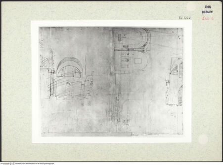 Vorderseite von Bibliotheca Hertziana [https://www.deutsche-digitale-bibliothek.de/content/lizenzen/rv-ez/] Codex Destailleur DDiocletians-Thermen: Skizzen verschiedener Säle - Gesamtansicht, bh368017_recto. Foto.