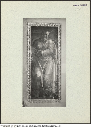 Vorderseite von ICCD [https://www.deutsche-digitale-bibliothek.de/content/lizenzen/rv-ez/] Innendekoration: Szenen aus dem leben Christi, Evangelisten, Sibyllen und ProphetenEingangsarkade: Bildfelder und Bogenlaibung mit Darstellungen von Propheten - Eingangsarkade, rechts: Prophet, bh368636_recto. Foto.