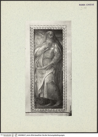 Vorderseite von ICCD [https://www.deutsche-digitale-bibliothek.de/content/lizenzen/rv-ez/] Innendekoration: Szenen aus dem leben Christi, Evangelisten, Sibyllen und ProphetenEingangsarkade: Bildfelder und Bogenlaibung mit Darstellungen von Propheten - Eingangsarkade, links: Prophet, bh368637_recto. Foto.