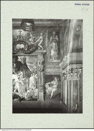 Vorderseite von ICCD [https://www.deutsche-digitale-bibliothek.de/content/lizenzen/rv-ez/] Szenen aus der Geschichte des heiligen Kreuzes und des OratoriumsHeraclius trägt das Kreuz im Büßergewand nach Jerusalem - Ausschnitt mit angrenzenden Bildfeldern; nach der Restaurierung von 1963-64, bh369415_recto. Foto.