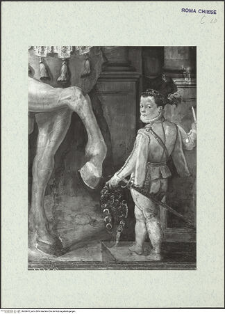 Vorderseite von ICCD [https://www.deutsche-digitale-bibliothek.de/content/lizenzen/rv-ez/] Szenen aus der Geschichte des heiligen Kreuzes und des OratoriumsEin Engel erscheint Kaiser Heraclius beim Einzug nach Jerusalem - Detail; nach der Restaurierung 1963-1964, bh369418_recto. Foto.