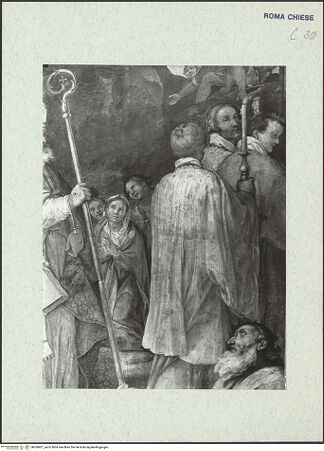 Vorderseite von ICCD [https://www.deutsche-digitale-bibliothek.de/content/lizenzen/rv-ez/] Szenen aus der Geschichte des heiligen Kreuzes und des OratoriumsHeraclius trägt das Kreuz im Büßergewand nach Jerusalem - Detail; nach der Restaurierung von 1963-64, bh369421_recto. Foto.