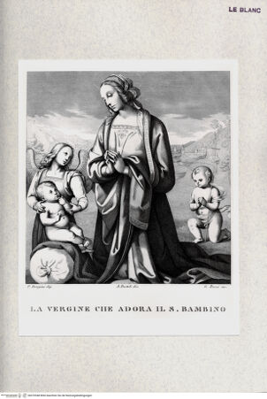 Vorderseite von Bibliotheca Hertziana [http://creativecommons.org/publicdomain/mark/1.0/] L'Imperiale e Reale Galleria Pitti / illustrata per cura di Luigi Bardi, Firenze : Tipografia Galileiana, 1837-1842, Band 1.Maria betet das Jesuskind an (Taf. 114) - , bh370348. Foto.