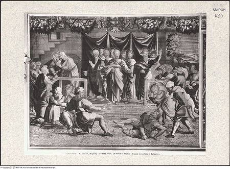 Vorderseite von Alinari [https://www.deutsche-digitale-bibliothek.de/content/lizenzen/rv-ez/] Bildteppichserie nach den sixtinischen TeppichenDer Tod des Ananias - Gesamtansicht, bh371938_recto. Foto.