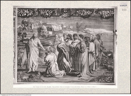 Vorderseite von Alinari [https://www.deutsche-digitale-bibliothek.de/content/lizenzen/rv-ez/] Bildteppichserie nach den sixtinischen TeppichenJesus übergibt Petrus die Schlüssel - Gesamtansicht, bh371939_recto. Foto.