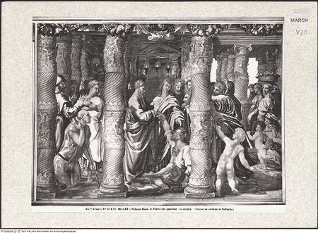 Vorderseite von Alinari [https://www.deutsche-digitale-bibliothek.de/content/lizenzen/rv-ez/] Bildteppichserie nach den sixtinischen TeppichenPetrus und Johannes heilen einen Lahmen - Gesamtansicht, bh371940_recto. Foto.