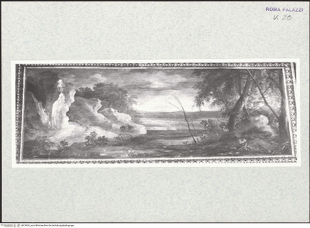 Vorderseite von Bibliotheca Hertziana [https://rightsstatements.org/page/CNE/1.0/] Szenen aus dem Alten Testament, Landschaften und TugenddarstellungenFlußlandschaft - , bh374557_recto. Foto.