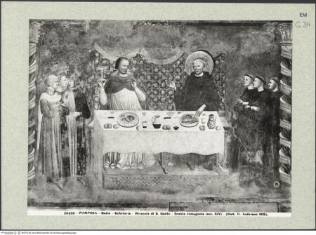 Vorderseite von Alinari [https://www.deutsche-digitale-bibliothek.de/content/lizenzen/rv-ez/] Thronender Christus mit Maria und Heiligen, das Abendmahl, das Guido-Wunder, Christus am ÖlbergOstwand: Christus zwischen Maria, Johannes dem Täufer und die Heiligen Benedikt und Guido; das Abendmahl; das Guido-WunderOstwand, rechtes Feld: das Guido-Wunder - Gesamtansicht, bh375149_recto. Foto.