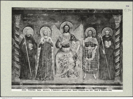 Vorderseite von Alinari [https://www.deutsche-digitale-bibliothek.de/content/lizenzen/rv-ez/] Thronender Christus mit Maria und Heiligen, das Abendmahl, das Guido-Wunder, Christus am ÖlbergOstwand: Christus zwischen Maria, Johannes dem Täufer und die Heiligen Benedikt und Guido; das Abendmahl; das Guido-WunderOstwand, Mittelfeld: Christus zwischen Maria, Johannes dem Täufer und die Heiligen Benedikt und Guido - Gesamtansicht, bh375150_recto. Foto.