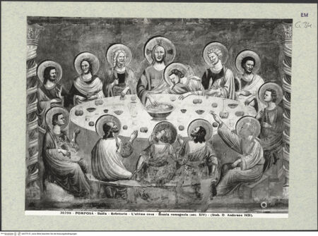 Vorderseite von Alinari [https://www.deutsche-digitale-bibliothek.de/content/lizenzen/rv-ez/] Thronender Christus mit Maria und Heiligen, das Abendmahl, das Guido-Wunder, Christus am ÖlbergOstwand: Christus zwischen Maria, Johannes dem Täufer und die Heiligen Benedikt und Guido; das Abendmahl; das Guido-WunderOstwand, linkes Feld: das Abendmahl - Gesamtansicht, bh375151_recto. Foto.