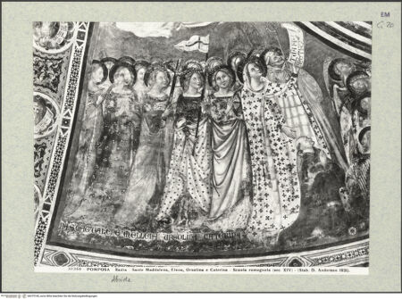 Vorderseite von Alinari [https://www.deutsche-digitale-bibliothek.de/content/lizenzen/rv-ez/] Zyklus: Verkündigung, Majestas Domini, Heiligen, Evangelisten, Kirchenväter und Szenen aus dem Leben des heiligen EustachiusMajestas Domini (Konche) - Detail: Maria, Abt Andrea und heiligen links, bh375160_recto. Foto.