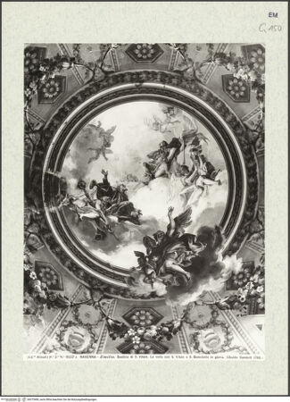 Vorderseite von Alinari [https://www.deutsche-digitale-bibliothek.de/content/lizenzen/rv-ez/] San VitaleInnenraumKuppelraum - Kuppel (Glorie des heiligen Vitalis und des heiligen Benedikt, U. Gandolfi, 1780), bh375490_recto. Foto.