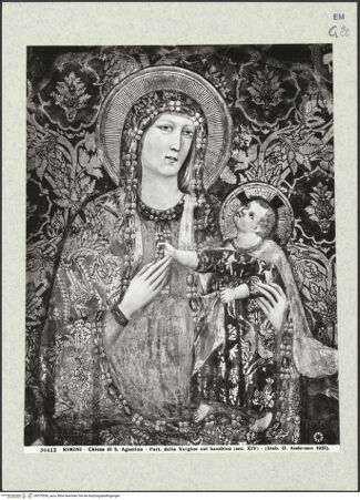 Vorderseite von Alinari [https://www.deutsche-digitale-bibliothek.de/content/lizenzen/rv-ez/] Thronender Christus zwischen den heiligen Johannes dem Evangelisten und Johannes dem Täufer; thronende Madonna; szenen aus dem Leben von Johannes dem Evangelisten und dem heiligen Augustinus; Heiligen und StifterinnenThronende Madonna - Detail: Oberkörper, bh375534_recto. Foto.