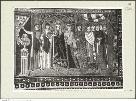 Vorderseite von Alinari [https://www.deutsche-digitale-bibliothek.de/content/lizenzen/rv-ez/] Dekoration des PresbyteriumsChristus als Kosmokrator zwischen Engeln, dem heiligen Vitalis und Bischof Ecclesius; Die Opferung von Kaiser Justinian; Die Opferung der Kaiserin TeodoraDie Opferung der Kaiserin Teodora, umgeben von ihrem Hofstaat - Gesamtansicht, bh375991_recto. Foto.