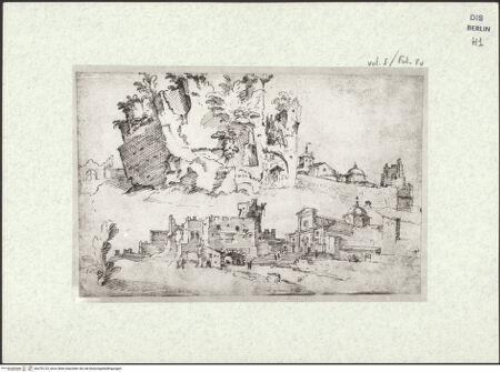 Vorderseite von Kupferstichkabinett Berlin SMB-PK [https://www.deutsche-digitale-bibliothek.de/content/lizenzen/rv-ez/] Heemskerck-Album IAnsicht des Muro Torto und der Porta del Popolo - , bh376123_recto. Foto.