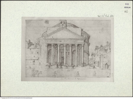 Vorderseite von Kupferstichkabinett Berlin SMB-PK [https://www.deutsche-digitale-bibliothek.de/content/lizenzen/rv-ez/] Heemskerck-Album IAnsicht des Pantheon - , bh376129_recto. Foto.