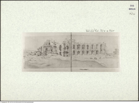 Vorderseite von Kupferstichkabinett Berlin SMB-PK [https://www.deutsche-digitale-bibliothek.de/content/lizenzen/rv-ez/] Heemskerck-Album IIAnsicht des Severuspalastes auf dem Palatin - Gesamtansicht, bh376160_recto. Foto.