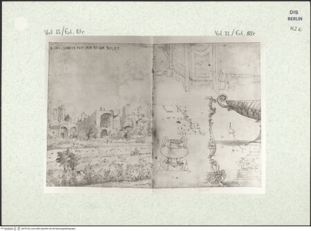 Vorderseite von Kupferstichkabinett Berlin SMB-PK [https://www.deutsche-digitale-bibliothek.de/content/lizenzen/rv-ez/] Heemskerck-Album IIKaiserpaläste auf dem Palatin und Skizzen eines Grabmals, Gebälkprofile und Kandelaber (zweite Foliierung) - Zustand der Folierung 1988: 87 r & 88 r, bh376162_recto. Foto.