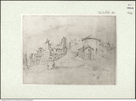 Vorderseite von Kupferstichkabinett [https://www.deutsche-digitale-bibliothek.de/content/lizenzen/rv-ez/] Heemskerck-Album IISan Teodoro und die domitianischen Annexbauten der Domus Tiberiana - , bh376218_recto. Foto.