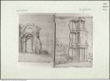 Vorderseite von Kupferstichkabinett Berlin SMB-PK [https://www.deutsche-digitale-bibliothek.de/content/lizenzen/rv-ez/] Heemskerck-Album IICaldarium der Diokletiansthermen und Septizonium Severi (zweite Foliierung) - Zustand der Folierung 1988: 84 v & 85 r, bh376261_recto. Foto.