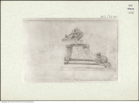 Vorderseite von Kupferstichkabinett Berlin SMB-PK [https://www.deutsche-digitale-bibliothek.de/content/lizenzen/rv-ez/] Heemskerck-Album IBronzegrabmal Papst Sixtus' IV. aus Alt-Sankt Peter - , bh376358_recto. Foto.