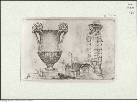 Vorderseite von Kupferstichkabinett Berlin SMB-PK [https://www.deutsche-digitale-bibliothek.de/content/lizenzen/rv-ez/] Heemskerck-Album ICantharus von Santa Cecilia in Trastevere und Frontespizio di Nerone - , bh376814_recto. Foto.