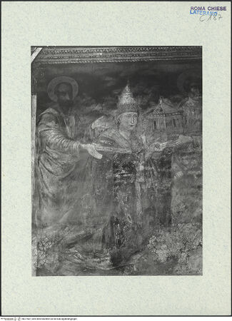 Vorderseite von ICCD (GFN) [https://www.deutsche-digitale-bibliothek.de/content/lizenzen/rv-ez/] FreskenzyklusPapst Nikolaus III., in Begleitung von Petrus und Paulus, präsentiert das Modell von Sancta Sanctorum - Detail: Paulus und Papst, bh377867_recto. Foto.